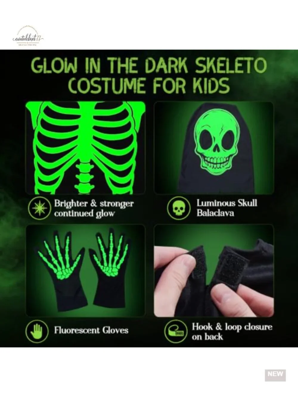 Kids Skeleton Glow in Dark Costume Set with Zipper - Ages 3-14